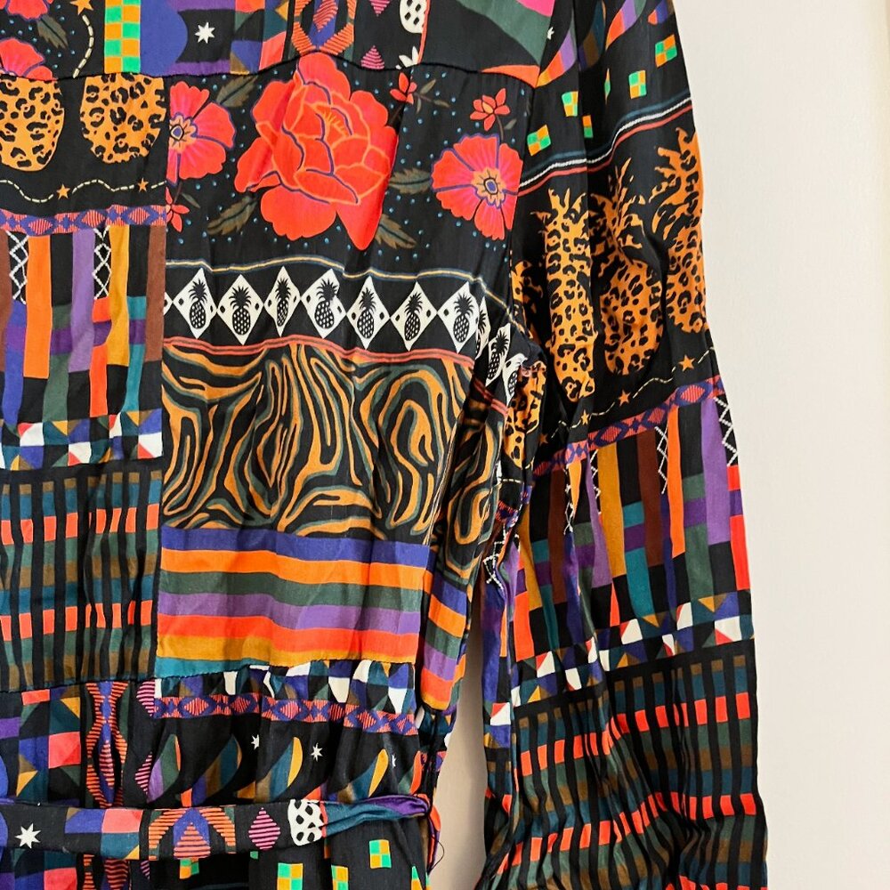 Farm Rio Patchwork Midi Shirt Dress Belted Mixed Print Floral Boho - SIZE XS